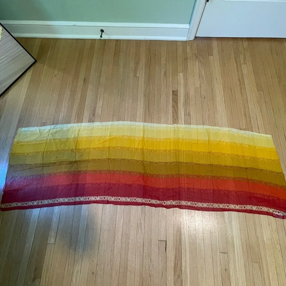 NWT Moschino Silk Chiffon Scarf Red‎ Orange Yellow Logo Stripe